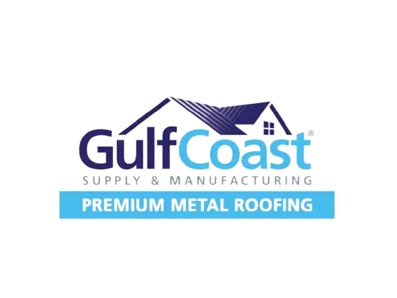 Logo for Gulf Coast Supply & Manufacturing, a trusted roofing company in Winter Haven, featuring a stylized roof graphic and the text "Premium Metal Roofing" on a blue banner below.