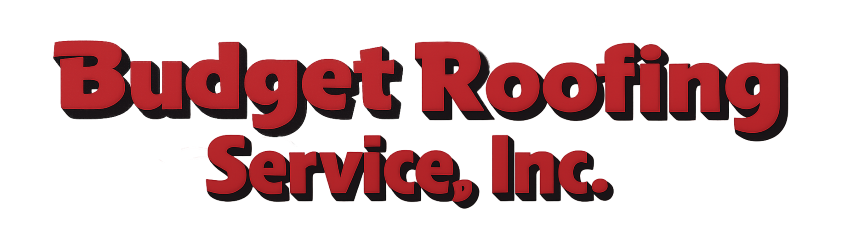 Red 3D text reads "Budget Roofing Service, Inc." on a plain white background.
