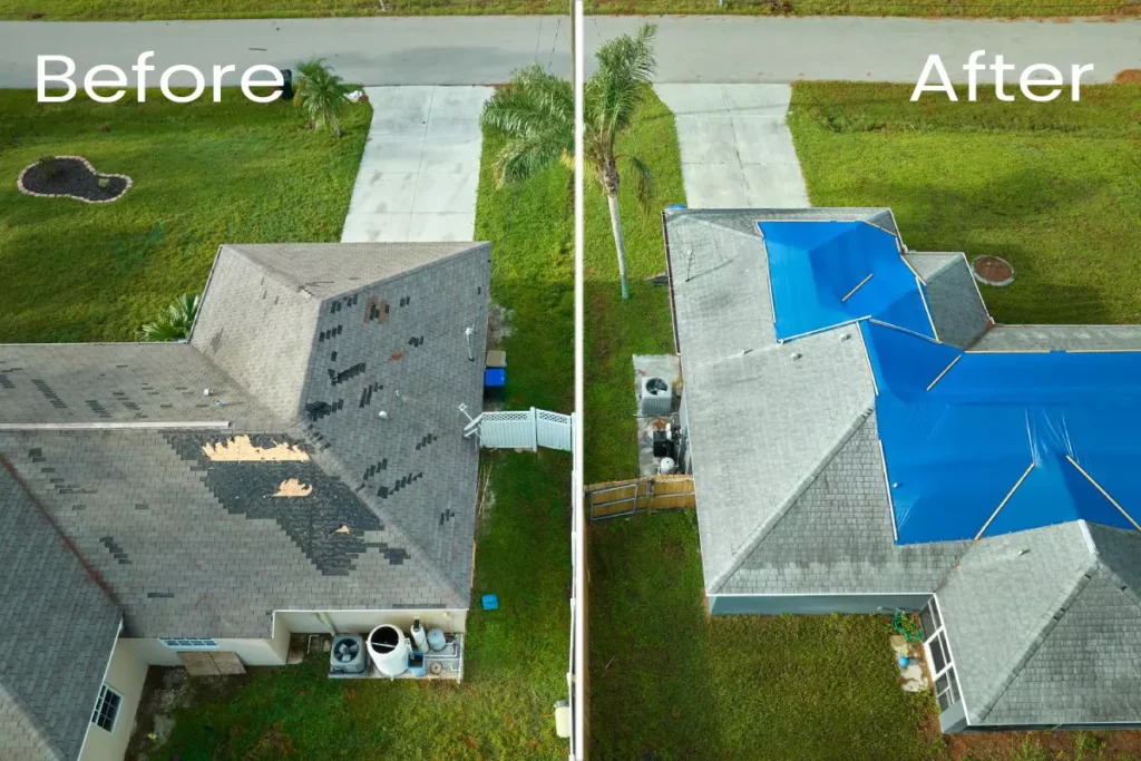 Before and after roof repair project
